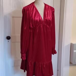 Red Velvet Party Holiday Dress Vneck Ruffles Long Sleeve  Large